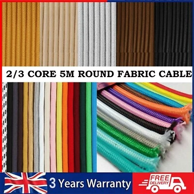 Round 2/3 Core Braided Fabric 5mCable Lighting Lamp Flex 8 AMP  Choice of Colors - Image 1 of 4
