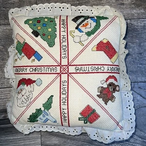 Vintage Needlepoint Cross Stitch Christmas Holiday Pillow-10" x 10" - Picture 1 of 6