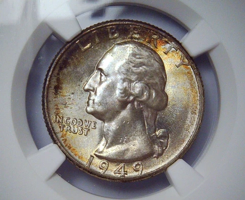 1949 D Washington Quarter 25c - NGC MS66 - Unique Toned +Luster+ - 90% Silver Cover