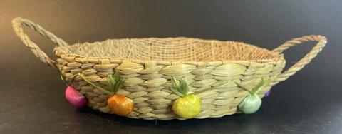 Vintage Woven Straw Basket With Raised Fruit Embroidered Raffia Cottage Serving Cover