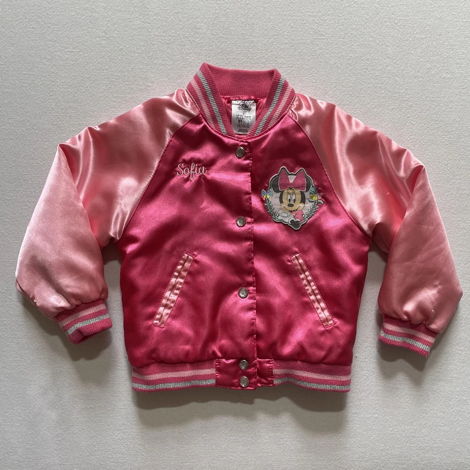 Chaqueta De Colección Minnie Mouse Niñas 4 Rosa Satinado Bombardero Disney Store Varsity LEER Foto 1 de 4