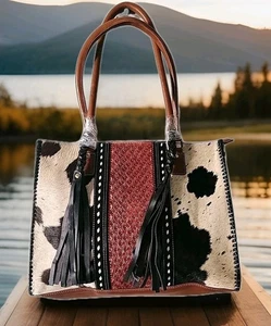 Cartera de cuero de vaca genuina única en su clase negra y marrón pelo occidental en piel - Imagen 1 de 9