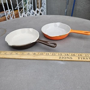 Lot 2 Vtg Le Creuset France Cast Iron Enamel #16 Skillet Pan 6.5" Brown Orange - Picture 1 of 19