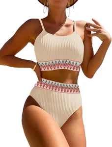 Women'S High Waisted Swimsuit Two Piece Ribbed Bikini Sets Crop Top High Cut Che - Picture 1 of 12