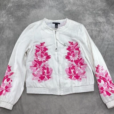 INC Jacket Women XSmall White Pink Floral Embroidery Linen Zip Blouson Casual - Image 1 of 4