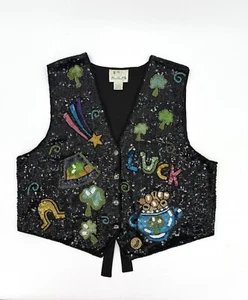 Vintage Quacker Factory Vest Womens Large Luck Irish St Patrick Button Sequins - Picture 1 of 11