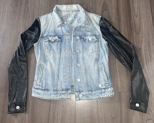 Aritzia TALULA Harem Distressed Denim Jacket Faux Leather Sleeves Womens Small - Picture 1 of 10