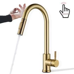 Touch on Kitchen Sink Faucet Pull Down Sprayer Brushed Gold Mixer Taps Sensor - Picture 1 of 12