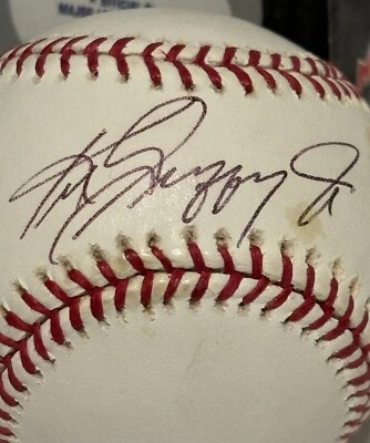 Ken Griffey Jr Seattle Mariners Auto Official MLB Baseball In Glove Stand. - Image 1 of 4