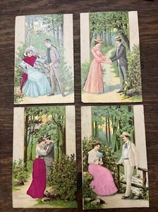 4 antike romantische Postkarten • geprägt & mit Seide bestickt • Liebhaber - Bild 1 von 18