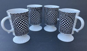 "4 tazas de pedestal Mid-Cen negro blanco tablero óptico porcelana 5"" 8 oz Japón" - Imagen 1 de 10