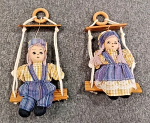 Vintage Porcelain Dolls Marionette Boy & Girl On A Wooden Swing Clown Doll - Picture 1 of 14