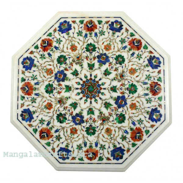 18" Marble Corner Table Top semi precious stones inlay art Handmade Decor - Image 1 of 1