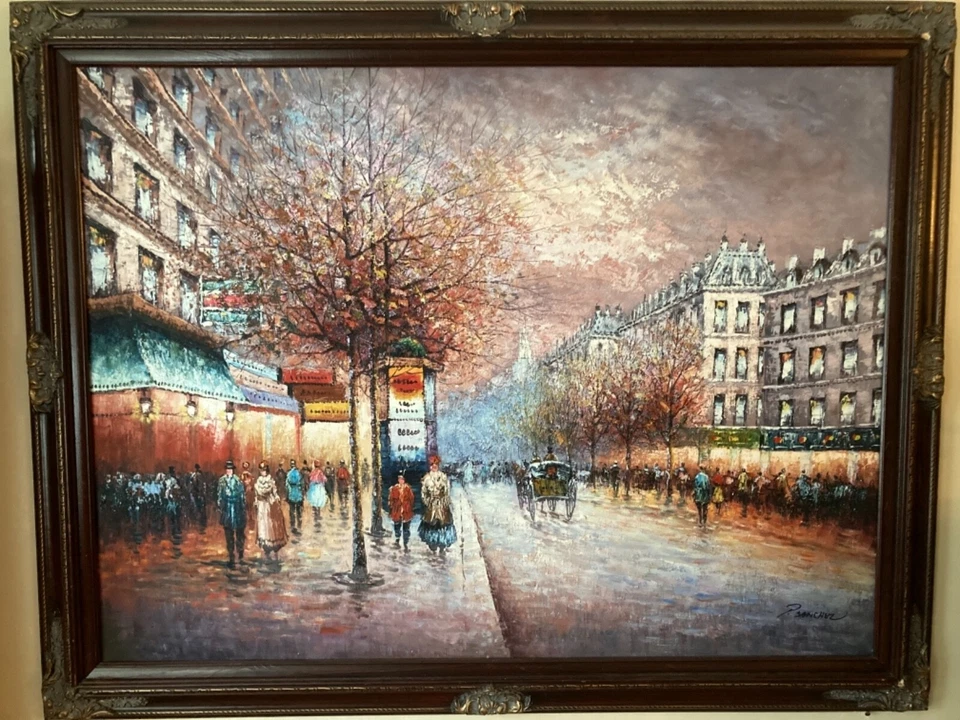 P. Sanchez Signed Victorian Era Paris Street Scene 48”x 36” Oil Painting Framed  - Image 1 of 4