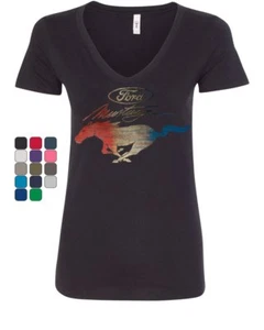 Ford Mustang Logo Women's V-Neck T-Shirt GT Shelby Cobra Boss 302 - Picture 1 of 11
