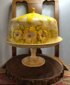Vintage gelber Pappmaché Kuchenteller Ständer und Kuppel Blumen Herzstück 12" hoch - Bild 1 von 24