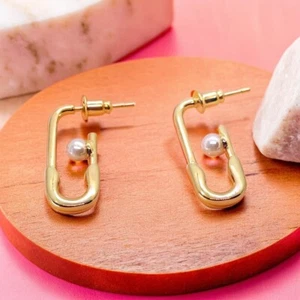 Safety Pin Gold Hoop Earrings With Pearl Geometric Modern Jewellery Fashion Gift - Picture 1 of 4