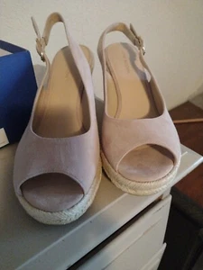 Stuart Weitzman Jean Espadrille wedge 4" heel suede sandals 8.5 beige peep toe - Picture 1 of 14