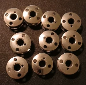 Ten (10) Metal Sewing Bobbins 4-Hole No Markings Three Large Holes & One Small - Picture 1 of 4