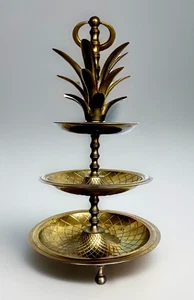 MCM Vintage Brass Hawaii Theme Pineapple 3 Tier Server with Handle, 14+" Tall - Picture 1 of 11