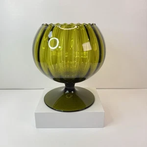 EMPOLI Mid Century Avocado Green Reeded Art Glass Bowl Compote Vase EUC - Picture 1 of 9