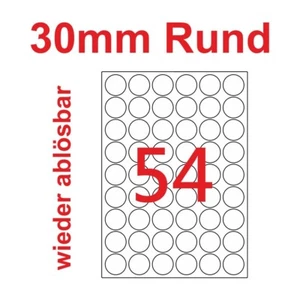 30mm rund Etiketten wieder ablösbar 270 Aufkleber weiß 5 Blatt A4 non permanent - Bild 1 von 3