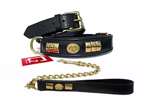 COLLAR DE PERRO DE CUERO + CADENA DE PLOMO COMBINAR CONJUNTO DE LATÓN AJUSTADO MOTIVO FACIAL Y HARDWARE - Imagen 1 de 12
