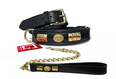 LEATHER DOG COLLAR + CHAIN LEAD COMBINE SET BRASS FITTED FACE MOTIF & HARDWARE - Image 1 of 4