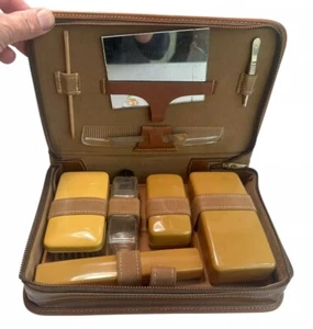 Set toeletta vintage 9 pezzi vera pelle viaggio manicure toelettatura kit USA - Foto 1 di 15