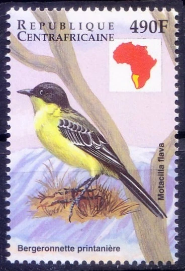 África Central 1999 MNH, cola de carro amarillo occidental, aves Foto 1 de 1