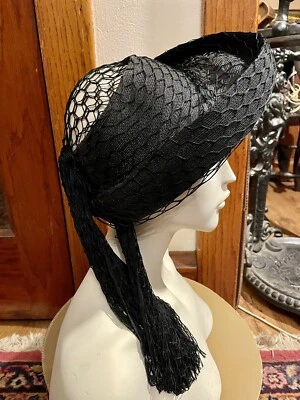 Vintage 30s Straw And Net Hat Dramatic Old Hollywood Style  Evelyn Chicago - Image 1 of 4