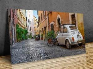 Old street Rome, Italy retro Fiat 500 panoramic mounted canvas print - Picture 1 of 8