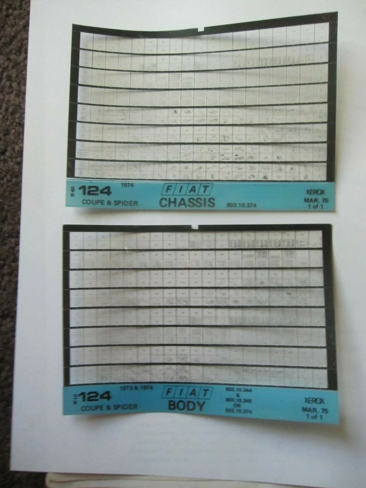 FIAT 124 SPIDER CUPÉ 1974 JUEGO DE 2 PIEZAS DE CARROCERÍA Y CHASIS TARJETAS MICROFICHA Foto 1 de 1