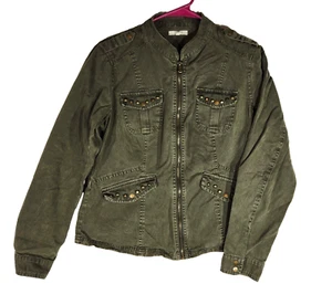 Maurices Military Jacket Womens Medium Green Studded Moto Zip Up Lightweight EUC - Picture 1 of 20