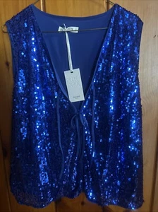 Grace Karin Women's Blue Sleeveless Sequins Front Tie Shirt Size XL Top NEW - Picture 1 of 9