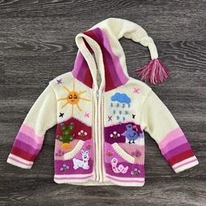 Peruvian Full Zip Cardigan Sweater Hooded Pockets Animal Appliqué Girls Size XS - Picture 1 of 5