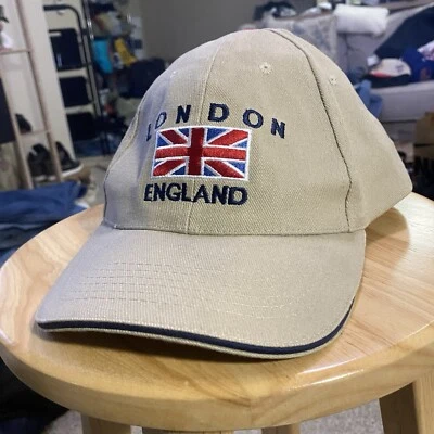 London Strap Back Hat England UK British Canvas Union Jack Embroidered Tan - Image 1 of 4
