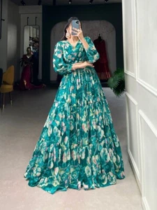 Exclusive Teal Green Georgette Chex Lehenga And Choli For Women Wedding Wear - Picture 1 of 8