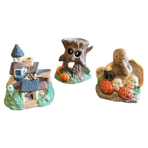 Vintage Halloween gruseliges Teelicht Keramik Haus, Baum & Mumie/Grab Konvolut 3 - Bild 1 von 9