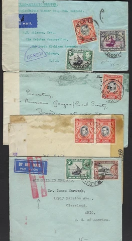 KUT KENYA UGANDA TANGANYIKA 1939 43 FOUR COVERS ONE PART AIR MAIL RED MARKINGS & Cover