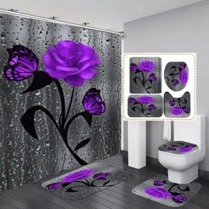 4pcs Butterfly Rose Shower Curtain Rug Mat Toilet Lid Cover & 12 Hooks Bathroom - Picture 1 of 17