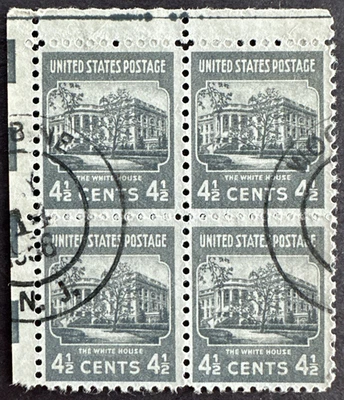 US 1938 Scott #809 Used Block of 4 Stamps Woodbine NJ Cancel The White House - Image 1 of 2