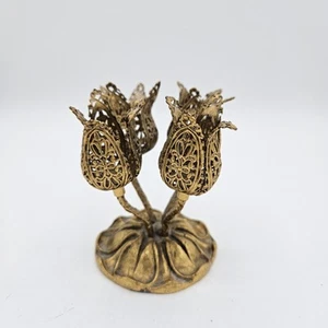 Vintage Filigree Four Tulip Gold ormolu Plated Lipstick Holder Brass 3.5" Tall - Picture 1 of 6