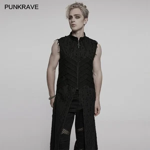 Gilet lungo Punk Rave uomo nero gotico punk invecchiato cerniera cosplay gilet - Foto 1 di 19