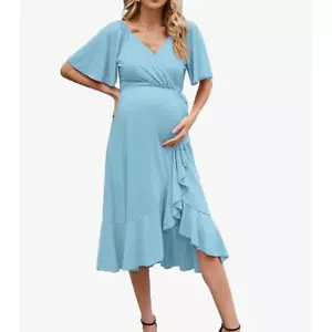 NWT- Light blue short sleeve wrap V neck dress with ruffle hem- Small - Picture 1 of 7