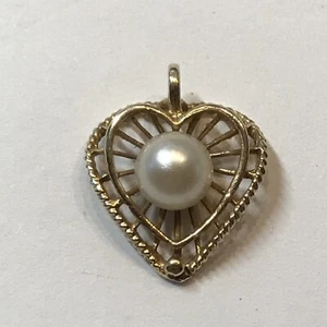 Estate 14K Oro amarillo doble corazón 7mm perla colgante charm - Imagen 1 de 7