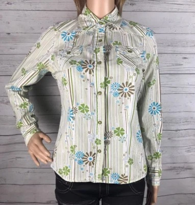 Camisa Fossil Mediana Blanca Marrón Verde Rayas Estampado Floral Botón a Presión Algodón Foto 1 de 4