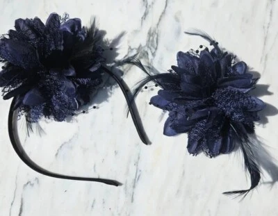 NEW Navy Blue 2 Flowers 1 Rabbit Feather - Image 1 of 4