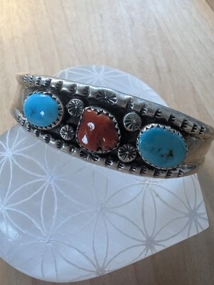 Armreif 925 Silber massiv mit Koralle & Türkis, Mexiko, 16 cm, verziert - Bild 1 von 4