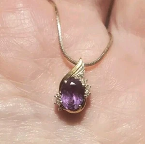 Collana con ciondolo accento diamante ametista oro 10 kt argento sterling 925 firmata AV - Foto 1 di 9